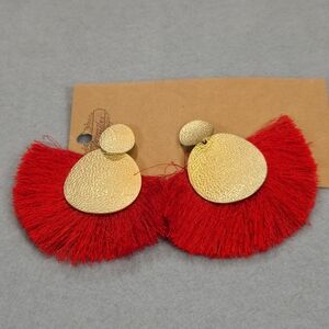 Plunder Red Tassel Statement Earrings Gold Tone Disc Boho Fringe NWT